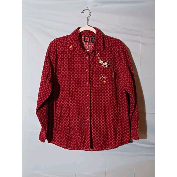 Mickey Unlimited Womens Medium Red Plaid Flannel Button Down Shirt Mickey Mouse - Picture 1 of 11